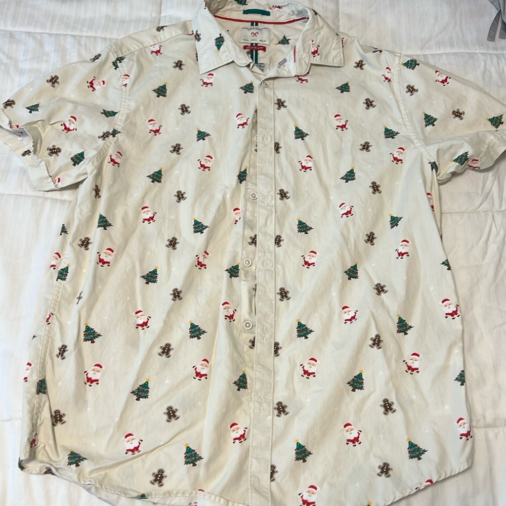Denim & Flower Cream Holiday Button-Down Shirt with Santa & Tree Print